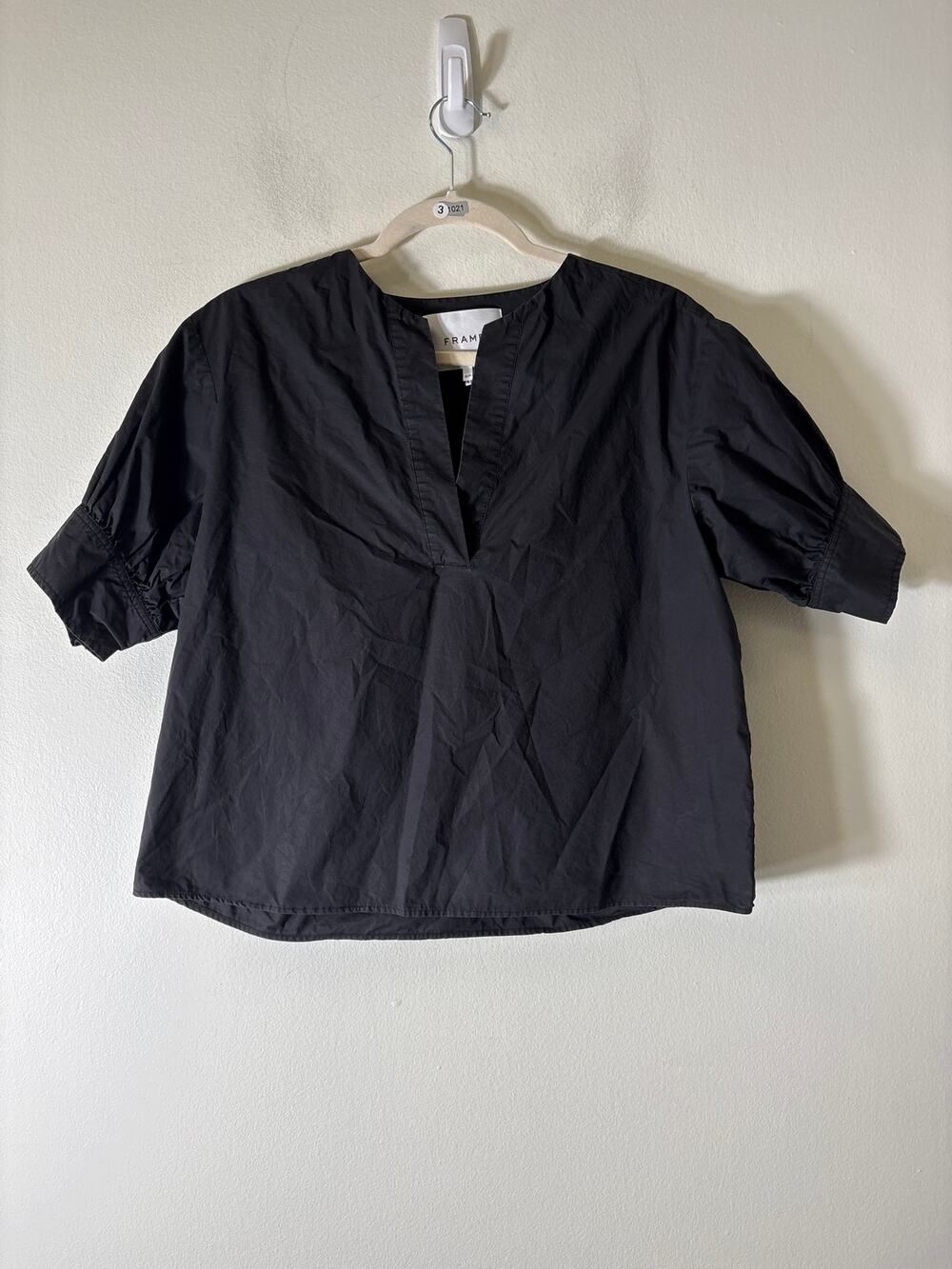 FRAME Black Half Puff Sleeve V-Neck Cotton Top Sz S